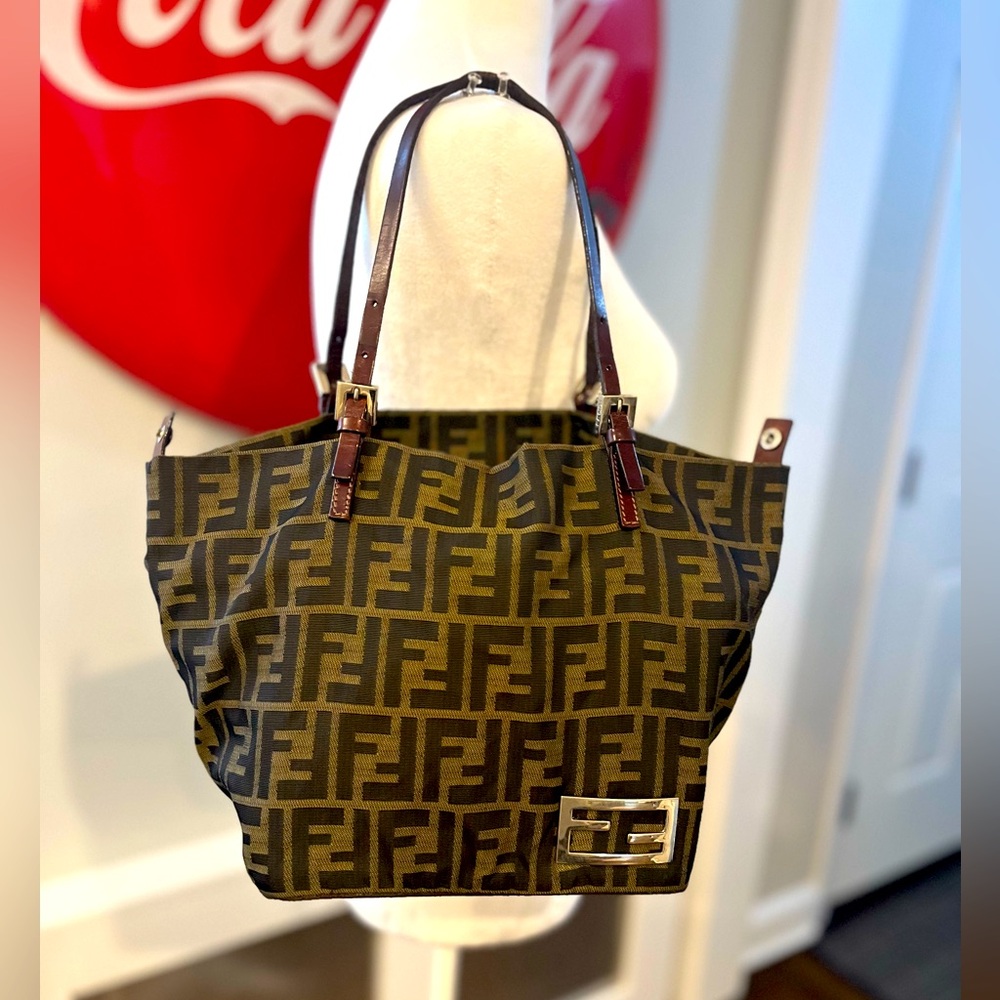 FENDI Zucca auth canvas mini tote shoulder bag, leather handles, silver logos